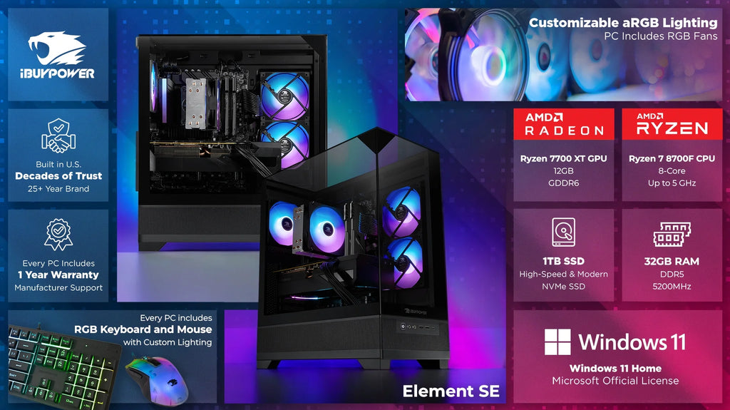 Element SE ESA7R77XT01 Gaming PC Desktop - AMD Ryzen 7 8700F, AMD Radeon RX 7700 XT 12GB, 32GB DDR5 5200Mhz RAM, 1TB Nvme SSD, Windows 11 Home