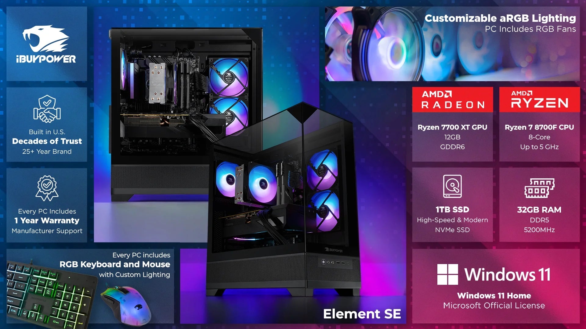 Element SE ESA7R77XT01 Gaming PC Desktop - AMD Ryzen 7 8700F, AMD Radeon RX 7700 XT 12GB, 32GB DDR5 5200Mhz RAM, 1TB Nvme SSD, Windows 11 Home