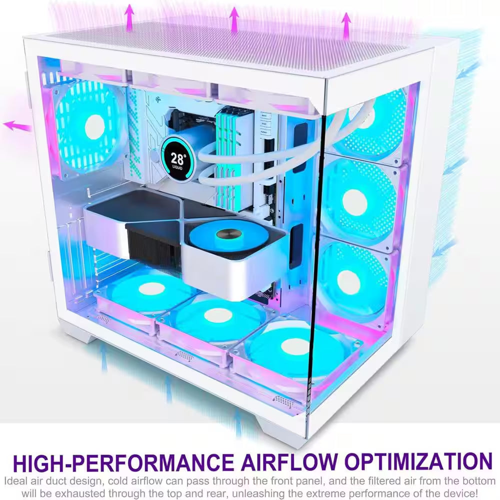 ATX Mid-Tower Gaming PC Case with 270° Panoramic Glass, 6 PWM ARGB Fans, Type-C Port in White