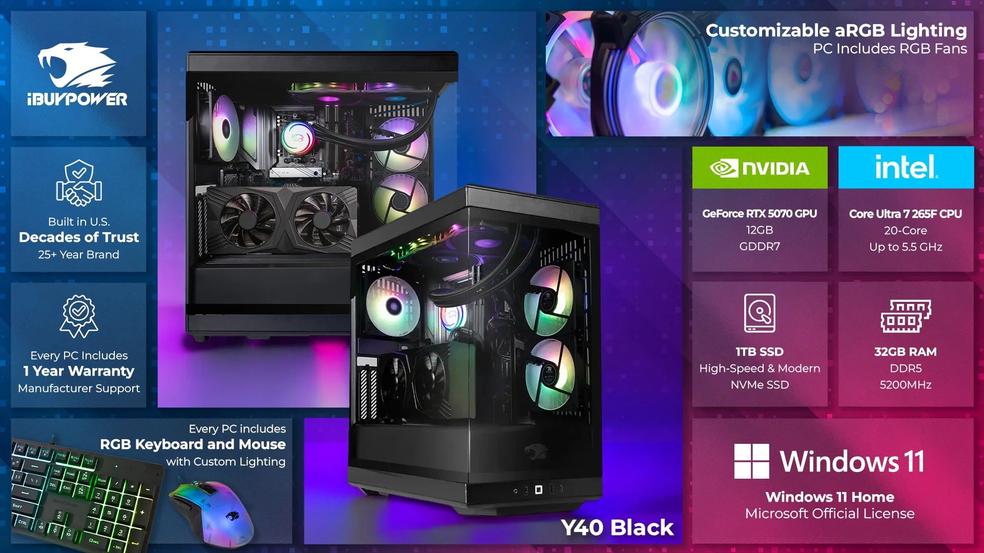Y40 Gaming PC Desktop Computer Intel Core Ultra 7 265F CPU, NVIDIA RTX 5070 12GB GPU, 32GB DDR5 Non-Rgb 5200Mhz RAM, 1TB Nvme SSD, Windows 11 Home, Gamer Keyboard and Mouse - Y40BI7N5701