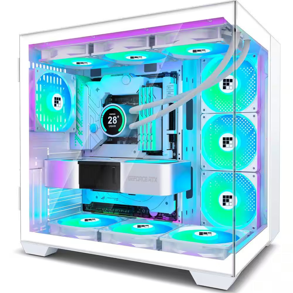 ATX Mid-Tower Gaming PC Case with 270° Panoramic Glass, 6 PWM ARGB Fans, Type-C Port in White