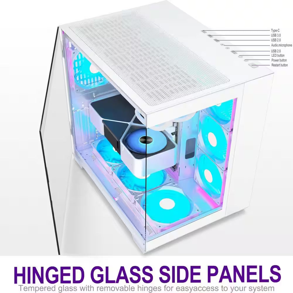 ATX Mid-Tower Gaming PC Case with 270° Panoramic Glass, 6 PWM ARGB Fans, Type-C Port in White