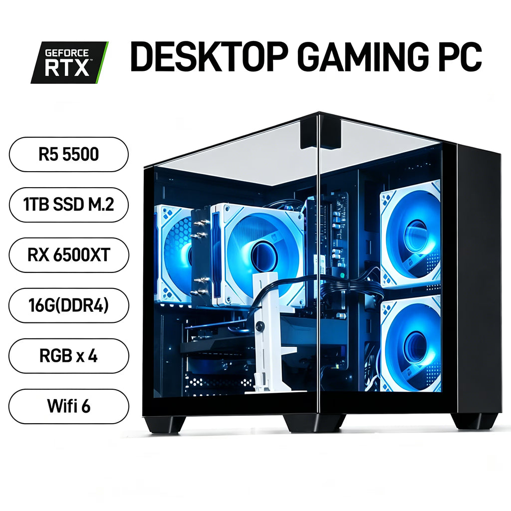 Gaming PC, Ryzen 5 5500, RX 6500 XT 4GB, 16GB DDR4, 1TB SSD, Wifi 6, 1080P Esports