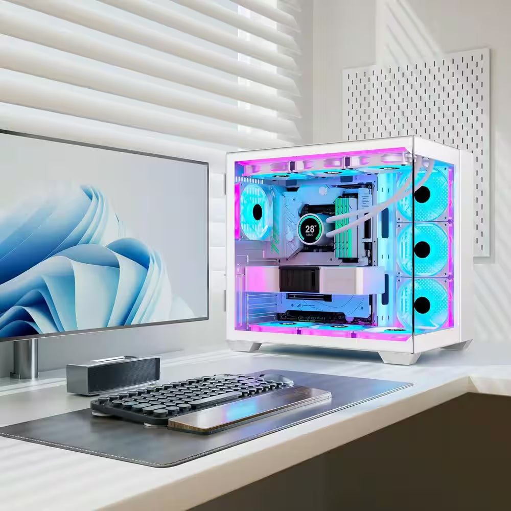 ATX Mid-Tower Gaming PC Case with 270° Panoramic Glass, 6 PWM ARGB Fans, Type-C Port in White