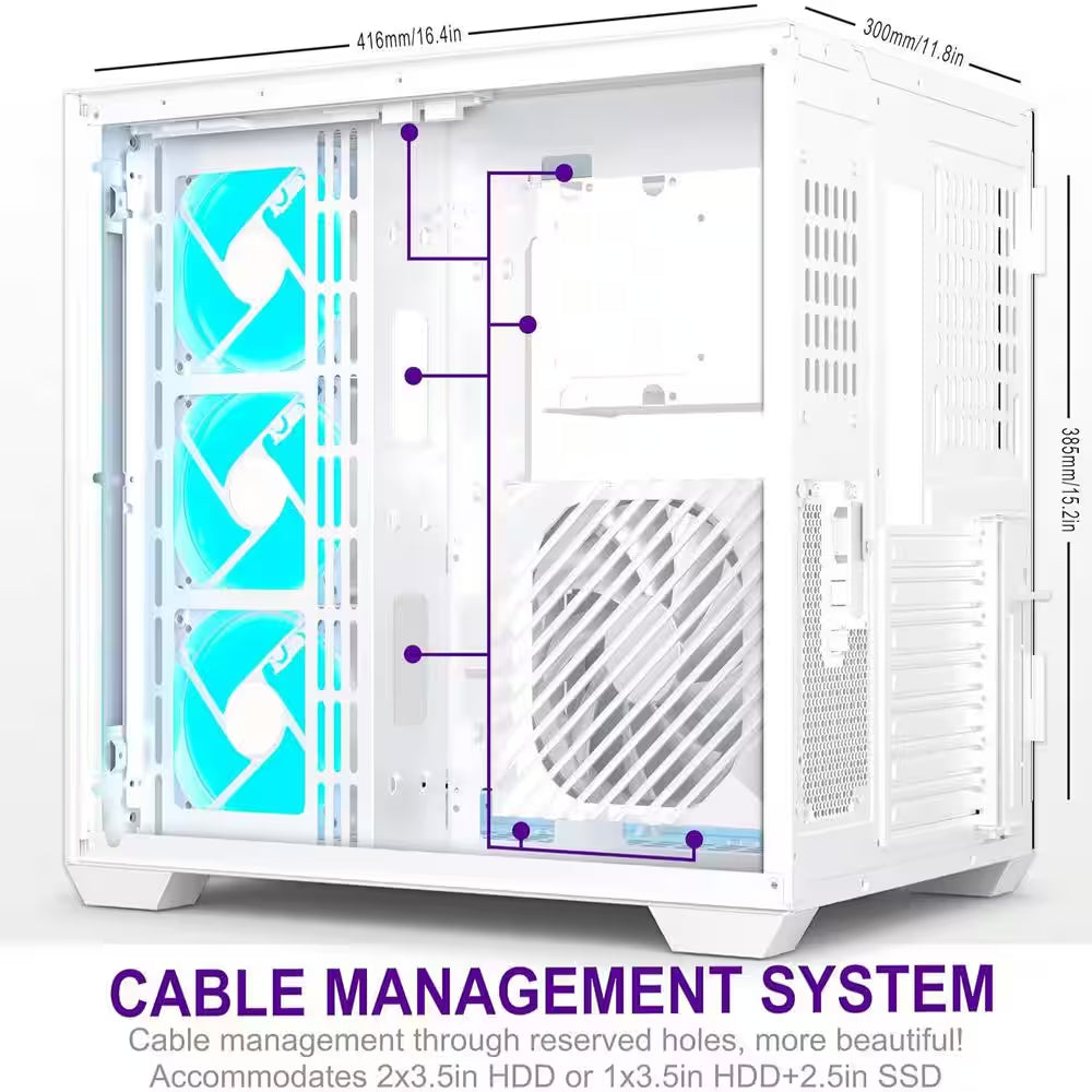 ATX Mid-Tower Gaming PC Case with 270° Panoramic Glass, 6 PWM ARGB Fans, Type-C Port in White