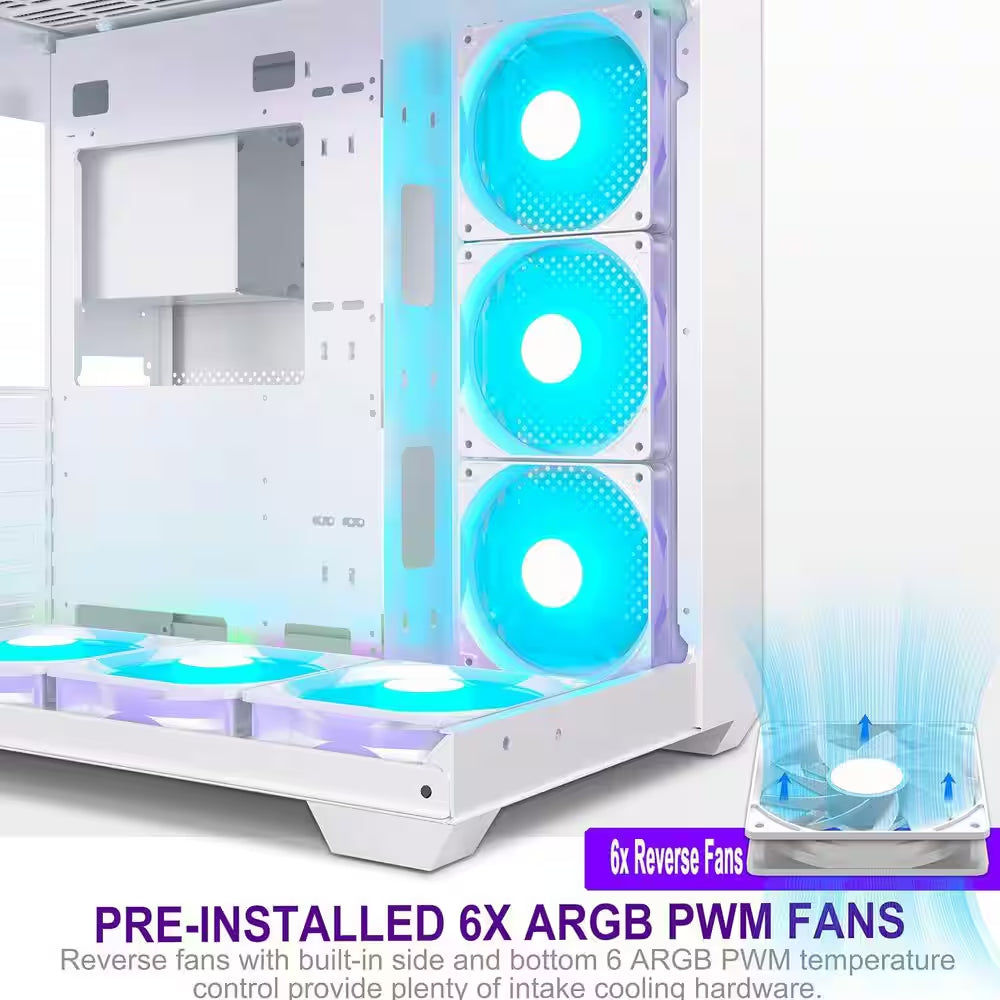 ATX Mid-Tower Gaming PC Case with 270° Panoramic Glass, 6 PWM ARGB Fans, Type-C Port in White