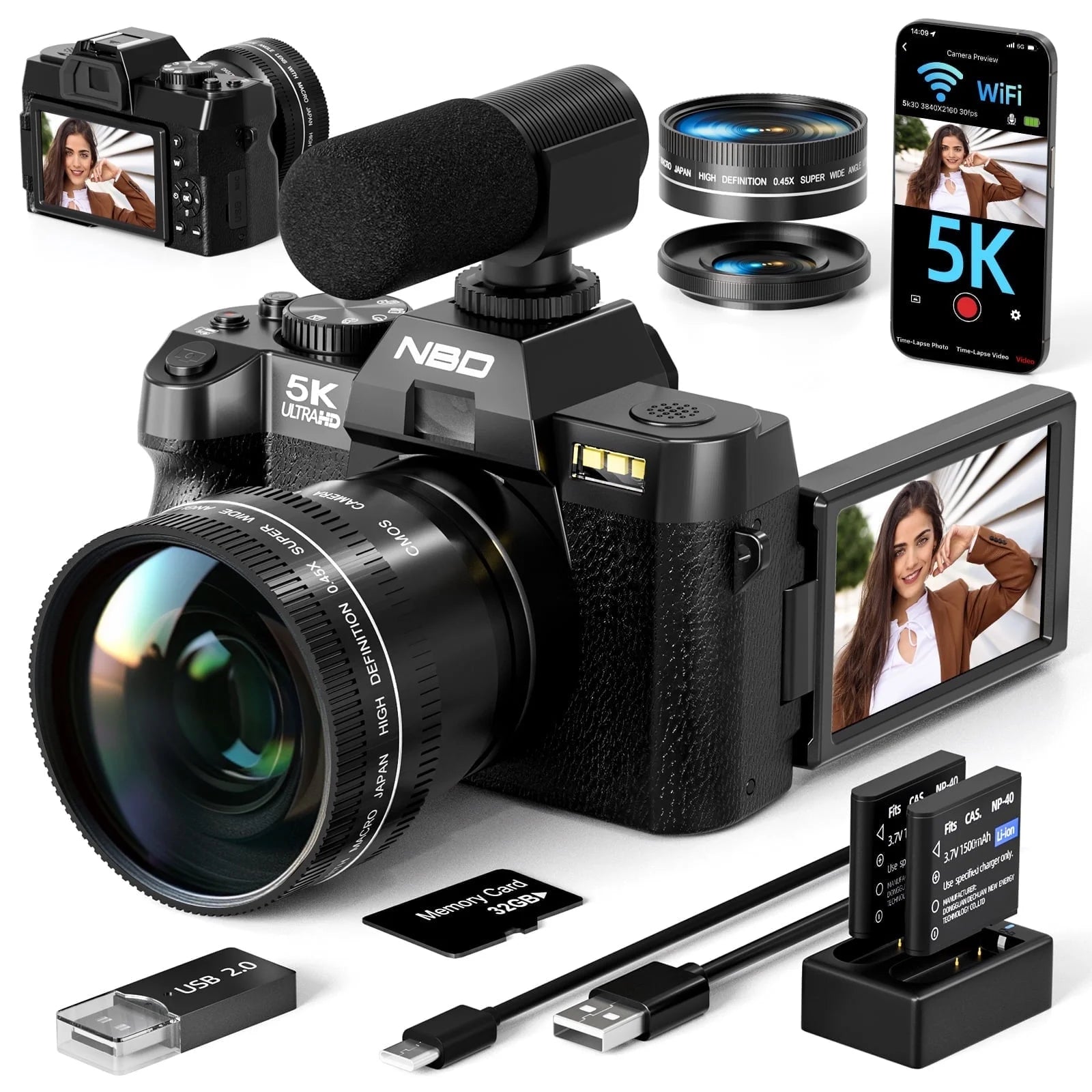 S110 5K Digital Camera for Photography, 48MP Autofocus Vlogging Camera with 32GB TF Card, Black