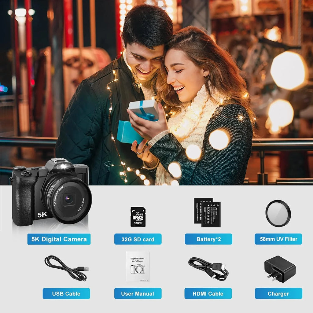 5K Digital Camera Autofocus 16X 48 MP Vlogging Camera for Youtube DSLR Video Cameras with 32G SD Card, Black