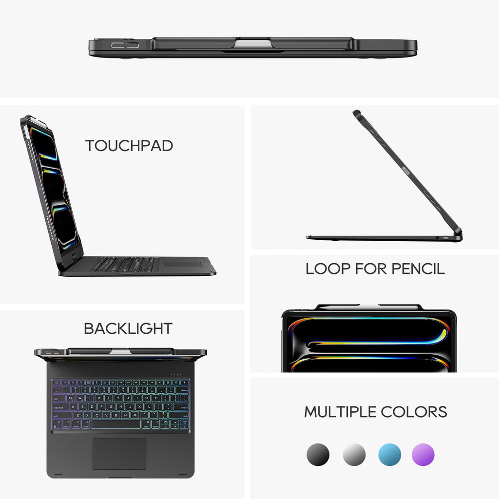 Swivel Keyboard Case for Apple Ipad Pro 13 Inch M4 M5 2024 2025; Wireless 360 Rotatable Cover, Pencil Holder, Multi-Touch Trackpad, Backlit A2925 A2926 A3007 A3360 A3361 A336, Black