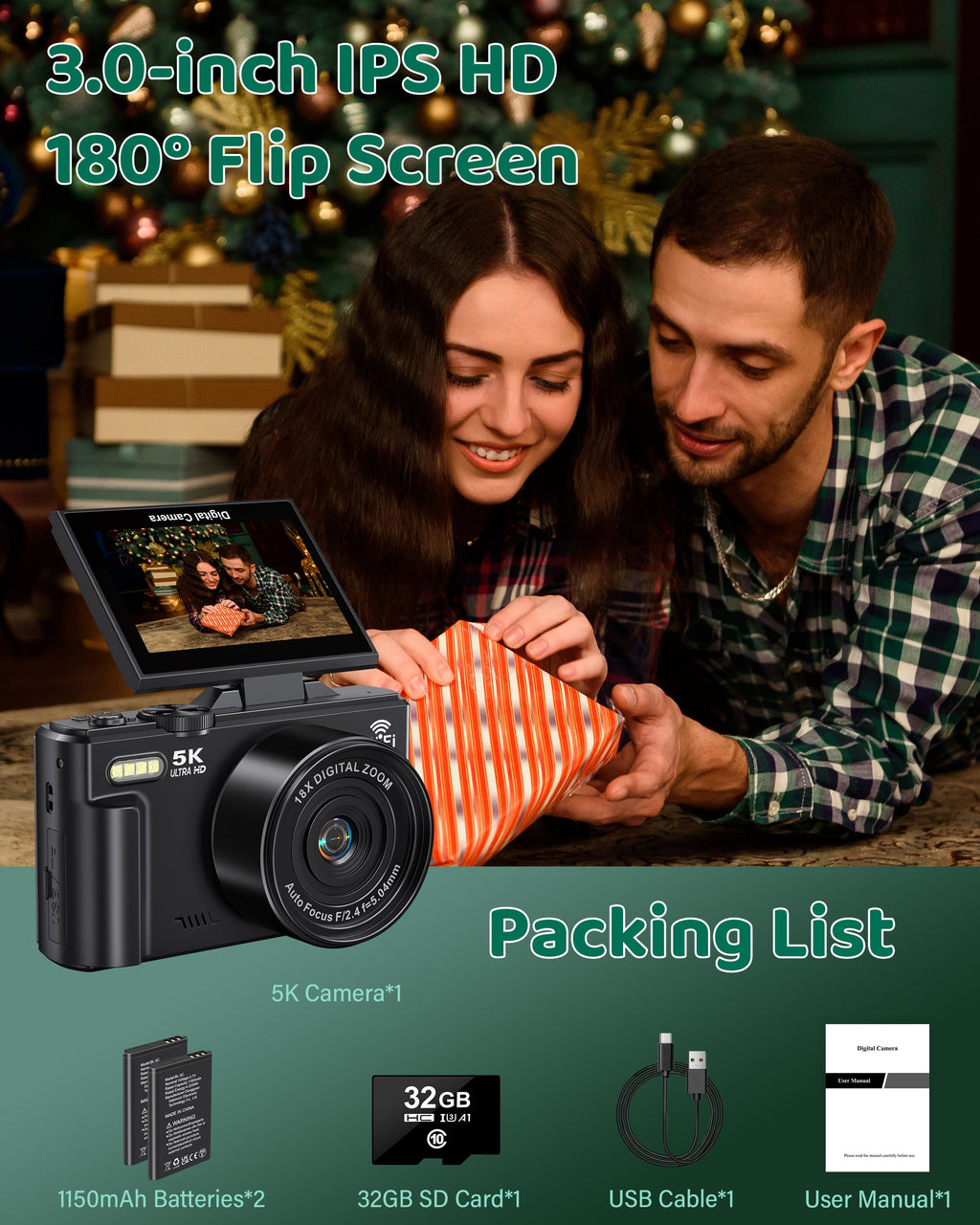 Digital Camera 5K 75MP Wifi Vlogging Camera for Photography, 18X Zoom, Autofocus, Flip Screen with 32GB Card